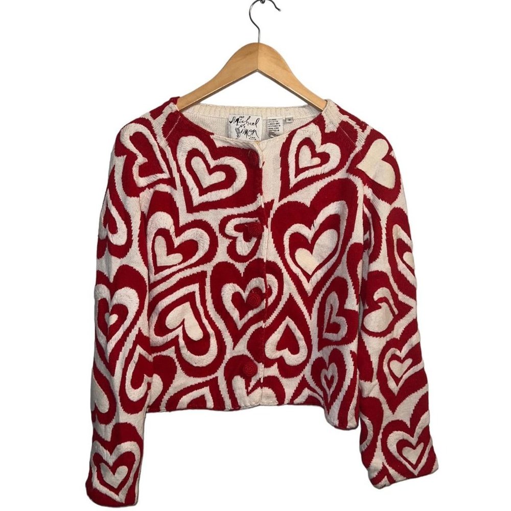 vintage michael simon red and white heart cardigan